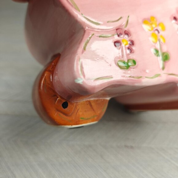 Vintage Ceramic Pink Bunny Wheelbarrow Planter Sponge Holder Floral Design - Picture 8 of 10